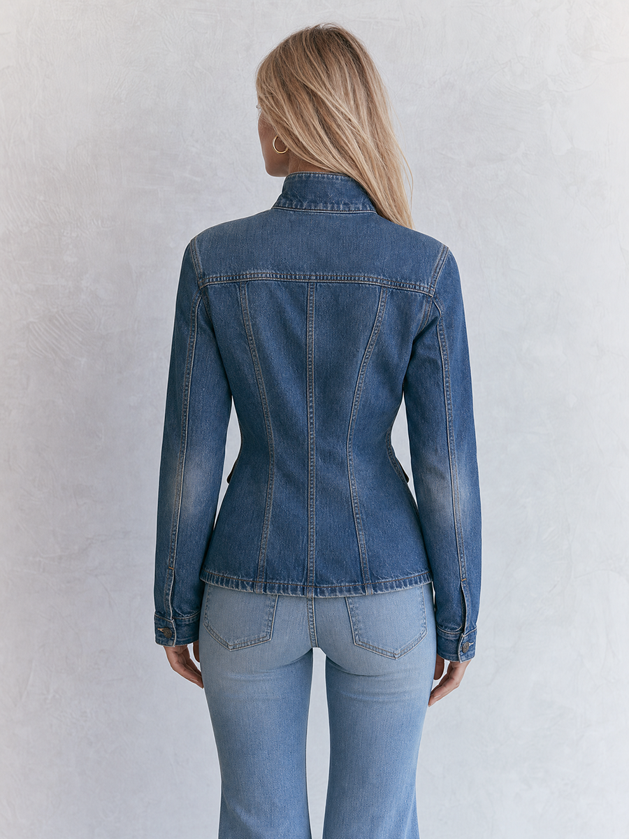 Fitted Denim Utility Jacket With Suede Pockets