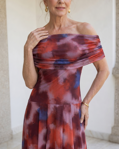 Violla | Off Shoulder Watercolor Print Flowing Midi Dress