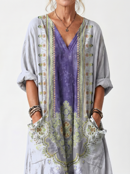 Raina | Contrast Panel Embroidered Oversized Pocket Midi Dress