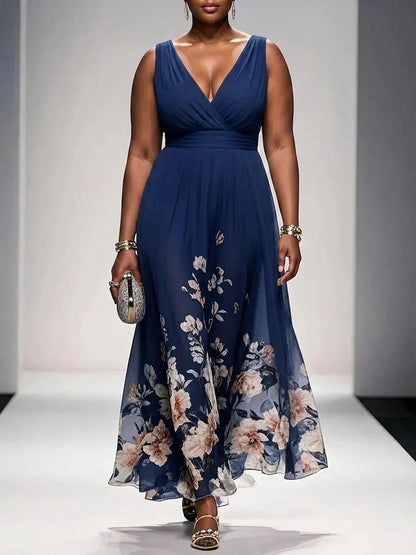 Rose | Light Blue Floral Chiffon V-Neck Maxi Dress