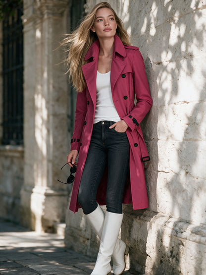 Classic Retro Fuchsia Lapel Belt Button Mid-length Cotton Trench Coat
