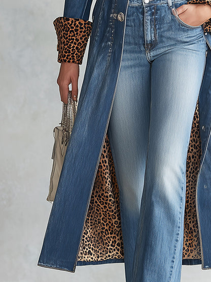 Women's Refined Western-Style Denim Coat with Blue Leopard-Print Trim