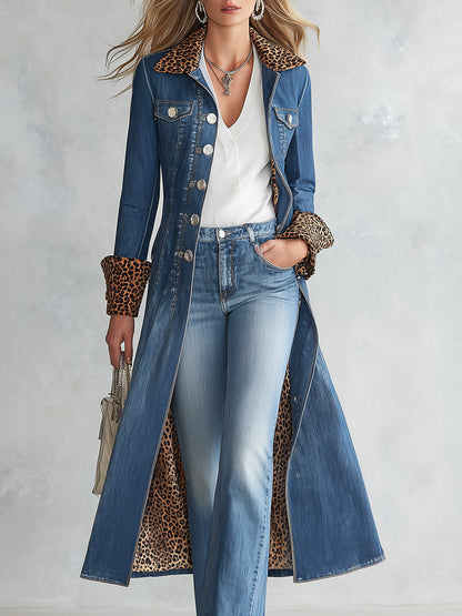 Women's Refined Western-Style Denim Coat with Blue Leopard-Print Trim