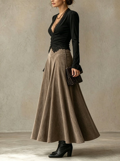 Abigail | Lace Top & Suede-Look Maxi Skirt Set