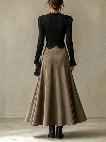 Abigail | Lace Top & Suede-Look Maxi Skirt Set
