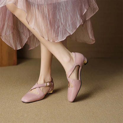 Rela Genuine Leather Cross-Strap Pumps