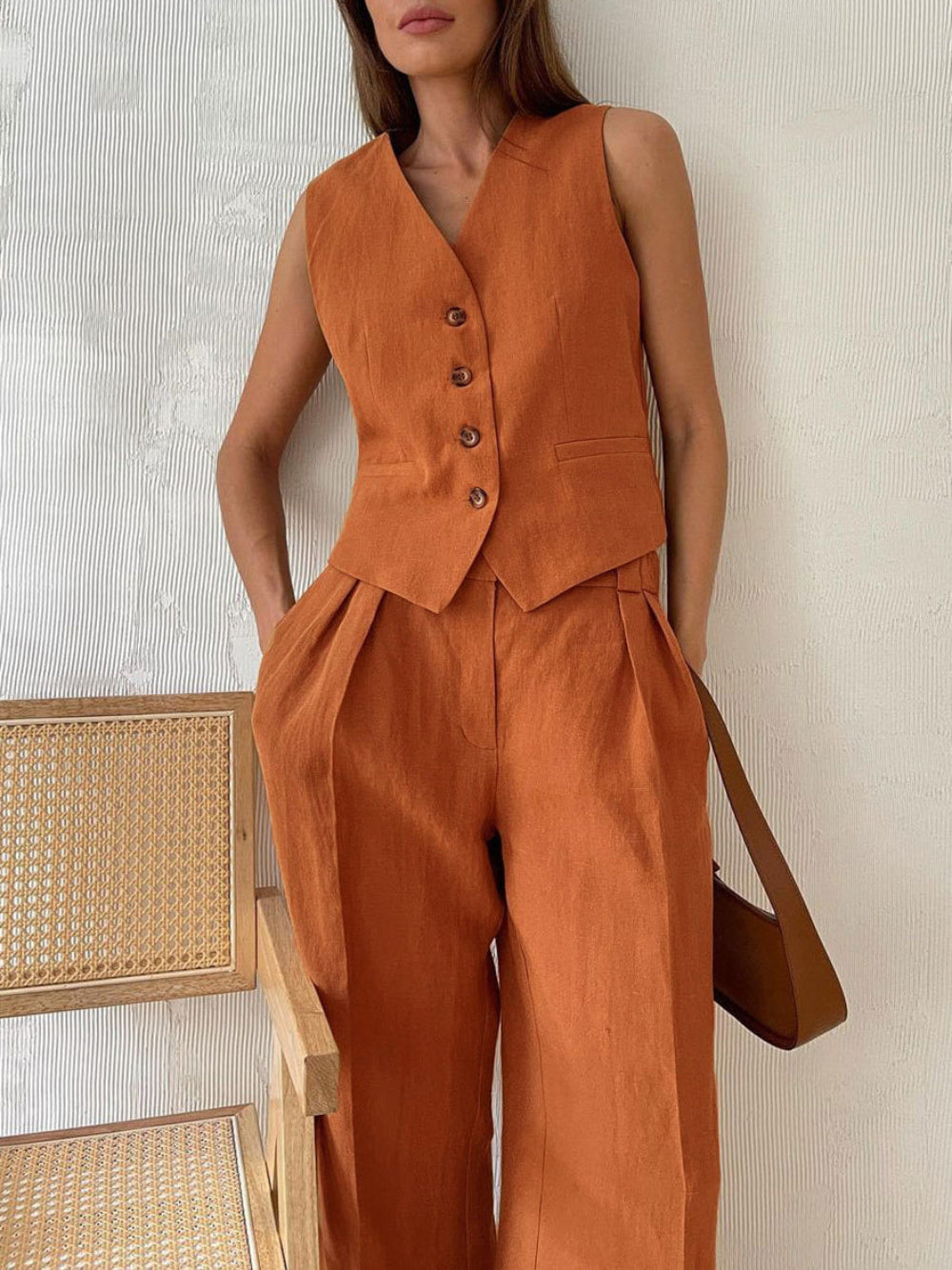 Sarah V-neck Pleated Wide-leg Pants Suit