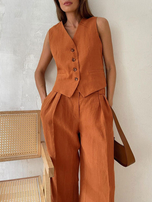 Sarah V-neck Pleated Wide-leg Pants Suit
