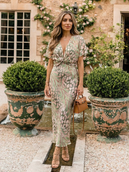 Helen & Mary™ | Abstract Print V Neck Twist Waist Midi Dress
