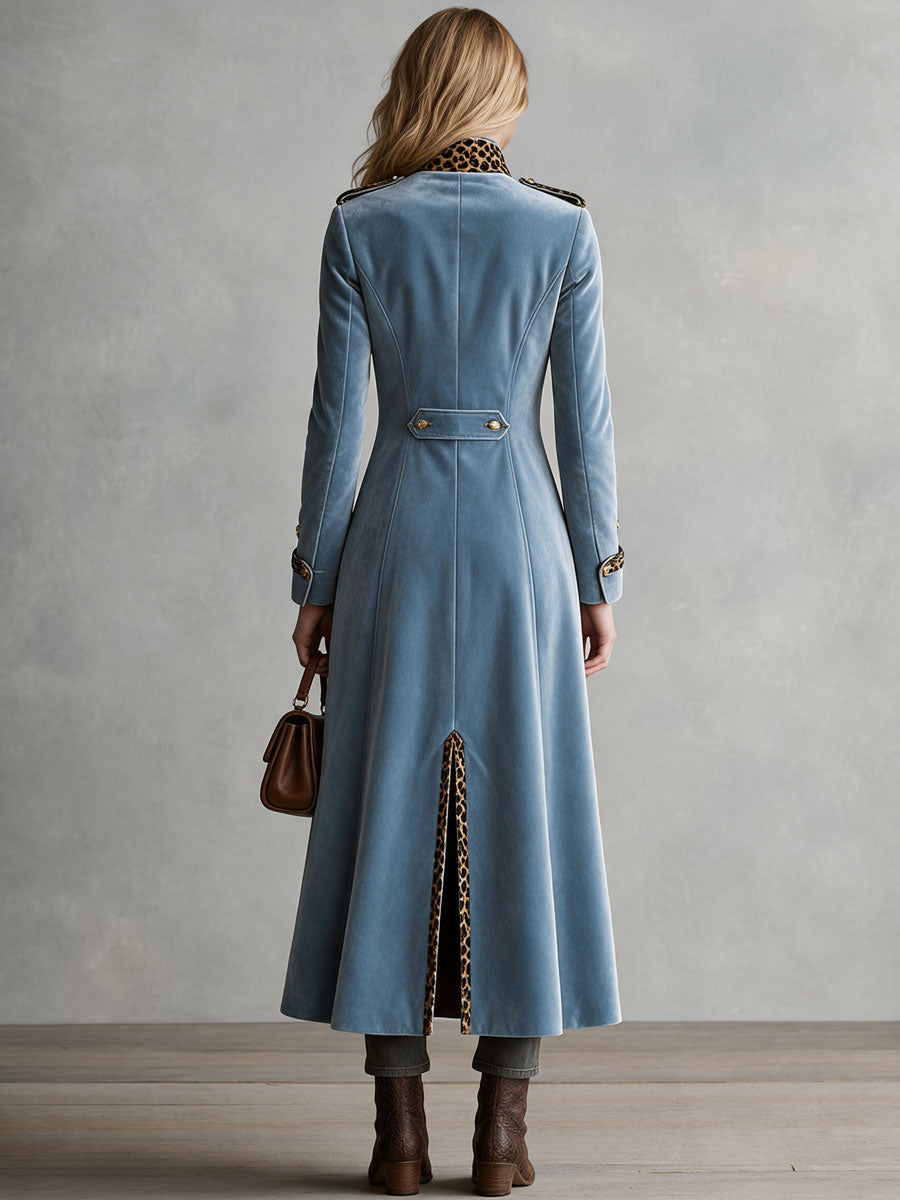 Retro-elegant Leopard-print Trim Blue Velvet Coat