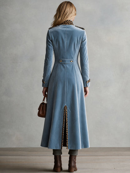 Retro-elegant Leopard-print Trim Blue Velvet Coat