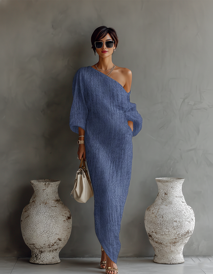 Elegant Flowing Dress in Ivory White with Off-Shoulder Design