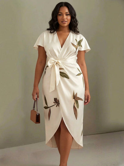 Judy | White Leaf Short Sleeve Satin Midi Dress