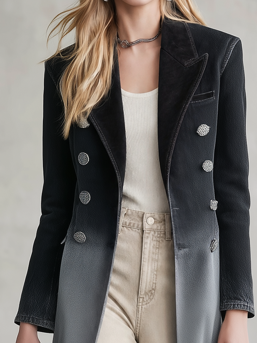 Women's Ombre Denim Trench Coat Long Double-Breasted Fitted Overcoat