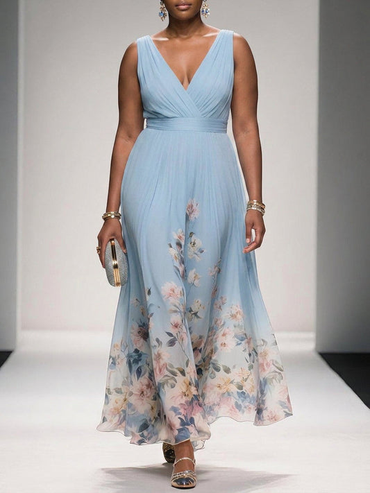 Rose | Light Blue Floral Chiffon V-Neck Maxi Dress