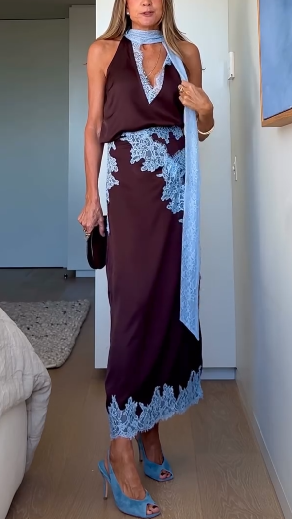 Avalon Lace Panel Top and Skirt Suit Set