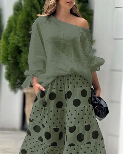 Abby Casual Shoulder Top & Printed Pants Set