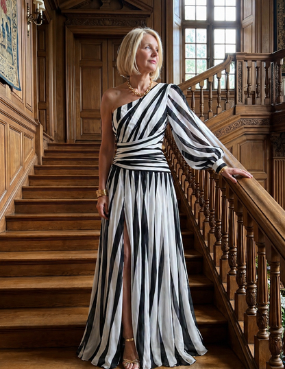 Stella & Grace™ |Elegant Striped Maxi Dress with One Shoulder