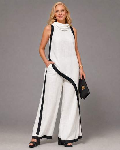 Valthera | Contrast Trim Sleeveless Layered Top And Wide Leg Pants Set