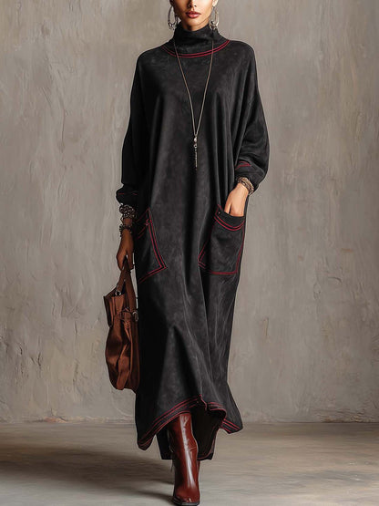 Meredith | Suede-Look Maxi Dress with Contrast Stitching