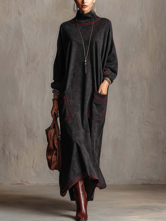 Meredith | Suede-Look Maxi Dress with Contrast Stitching