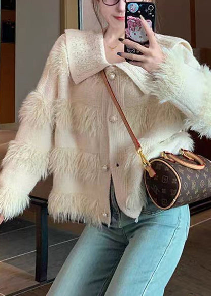 Art Beige Fluffy Button Patchwork Knit Coats Spring