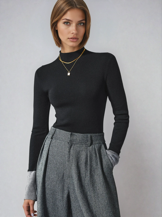 Isla | Contrast-Cuff Mock Neck Sweater