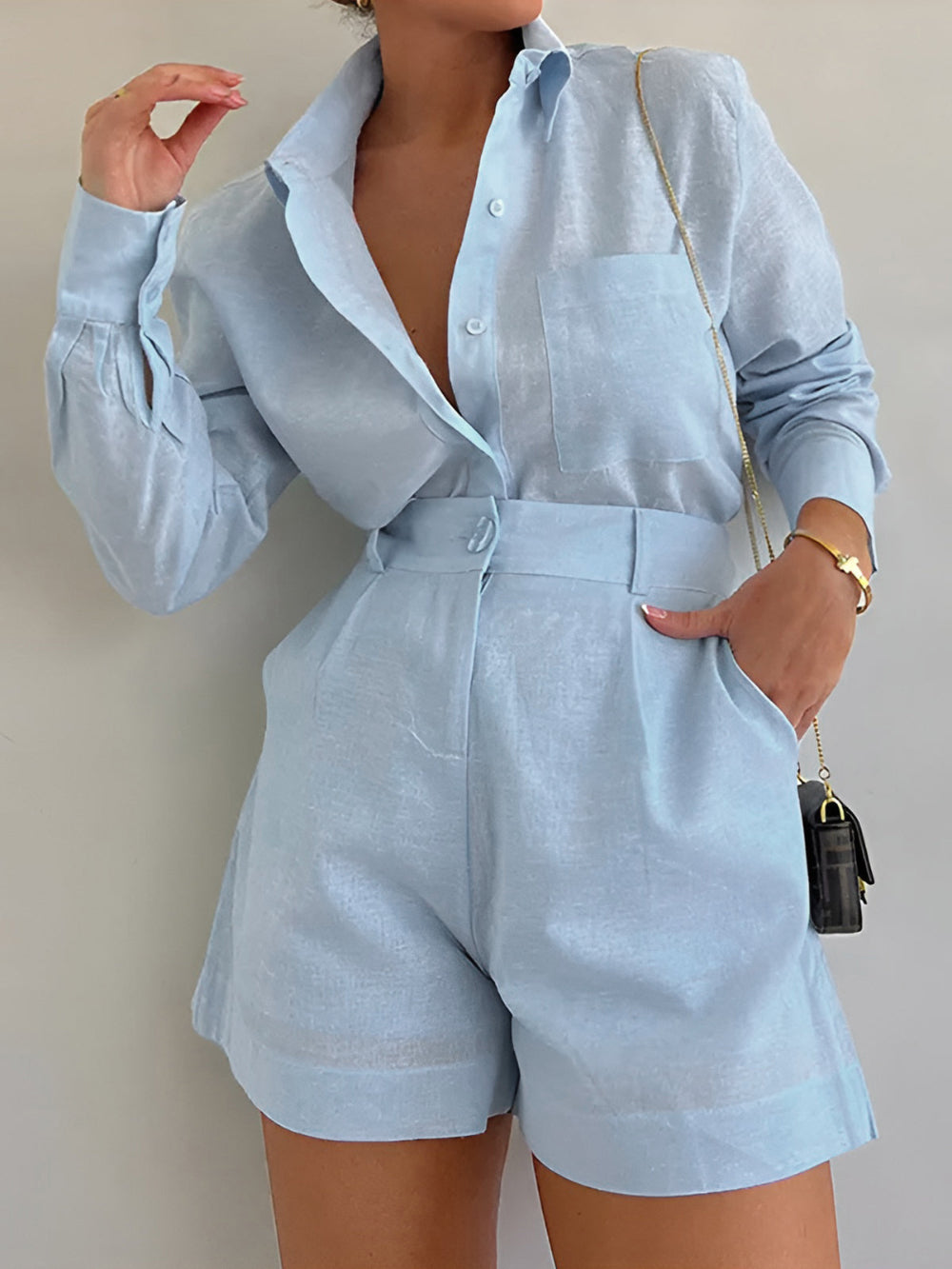 Sloane Cotton and Linen Long Sleeve Shorts Set