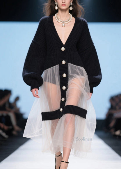 Beautiful Black V Neck Tulle Patchwork Knit Loose Coat Fall