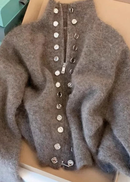 Beautiful Grey High Neck Zip Up Woolen Knit Cardigans Spring