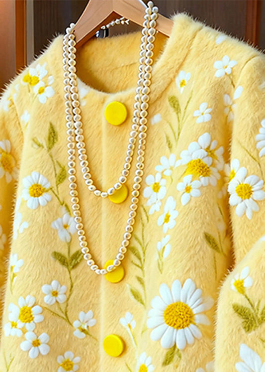 Beautiful Yellow O Neck Dotted Daisy Knit Cardigans Winter