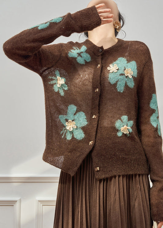 Boho Coffee O-Neck Patchwork Button Cotton Knit Cardigan Spring