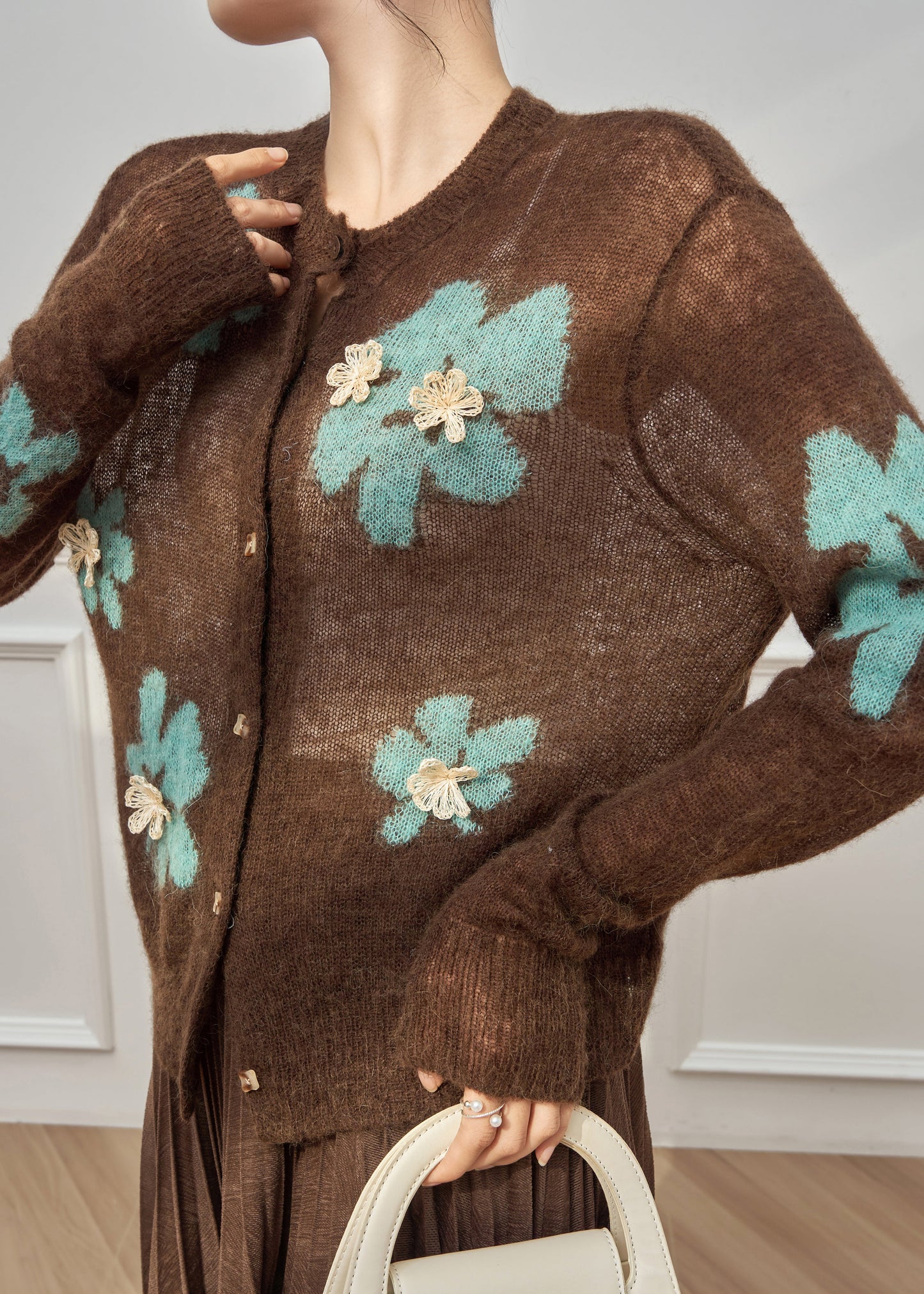 Boho Coffee O-Neck Patchwork Button Cotton Knit Cardigan Spring