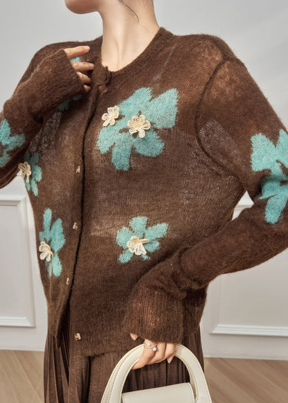 Boho Coffee O-Neck Patchwork Button Cotton Knit Cardigan Spring