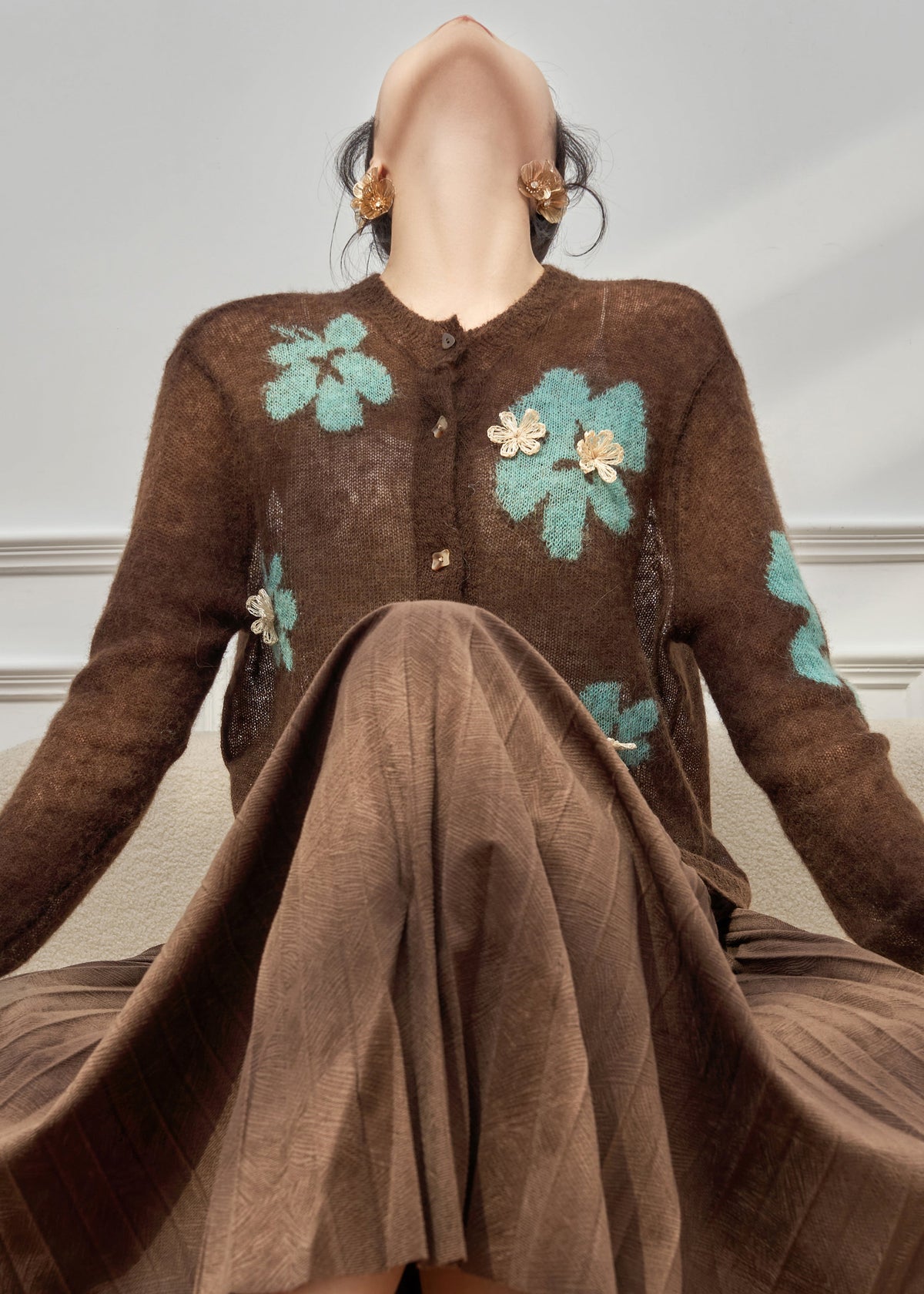 Boho Coffee O-Neck Patchwork Button Cotton Knit Cardigan Spring