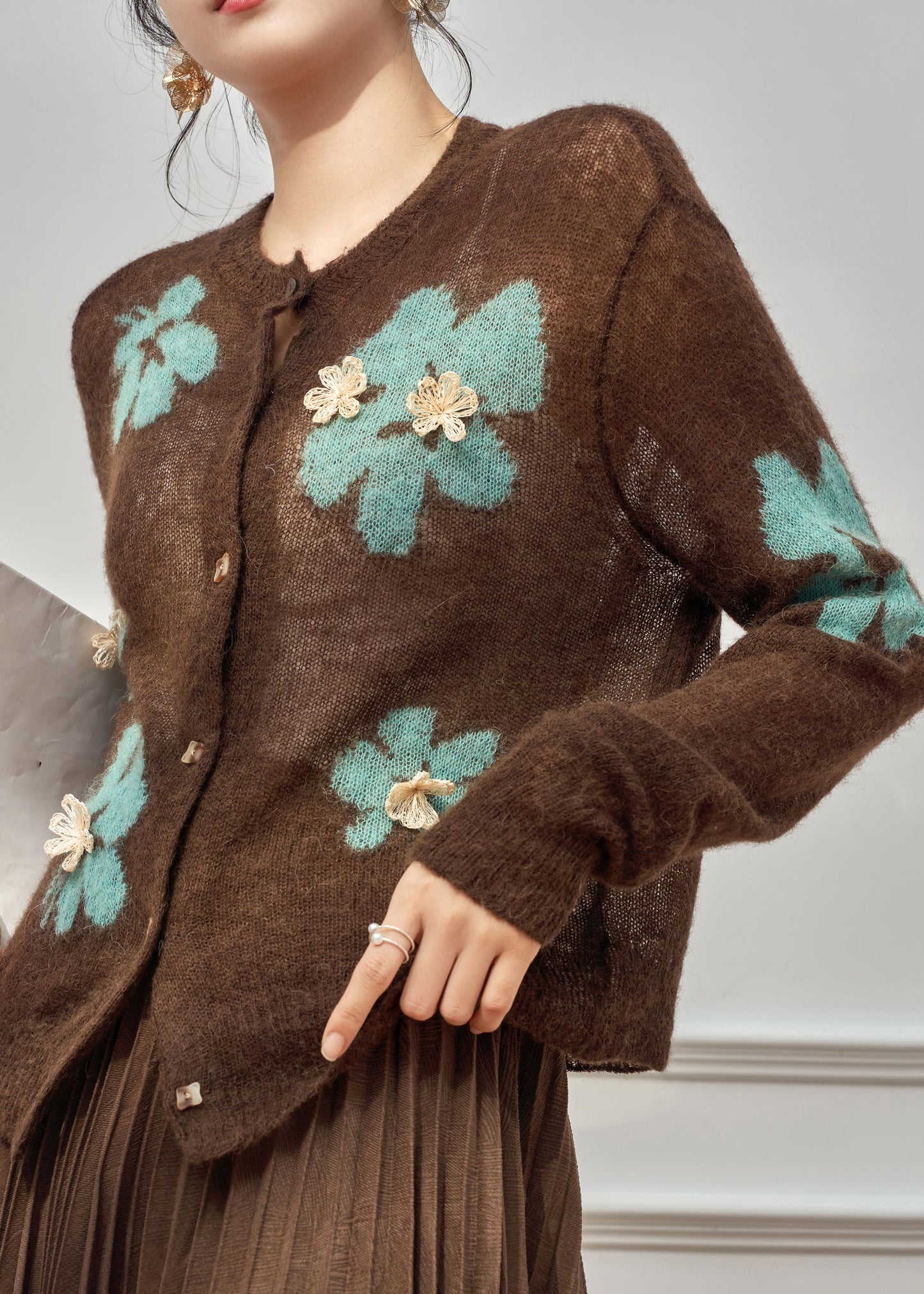 Boho Coffee O-Neck Patchwork Button Cotton Knit Cardigan Spring
