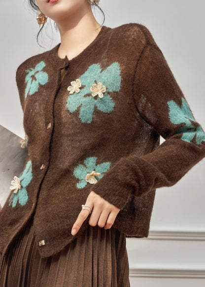 Boho Coffee O-Neck Patchwork Button Cotton Knit Cardigan Spring