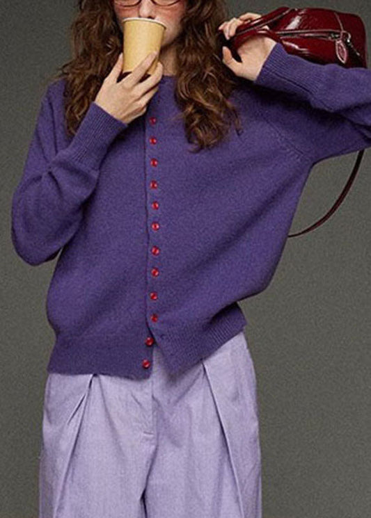 Brief Purple O-Neck Button Solid Knit Cardigans Fall