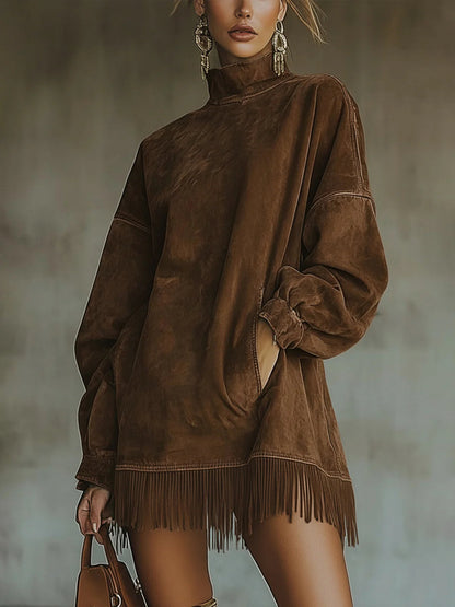 Darcie | Suede Dress with Fringes and Turtleneck