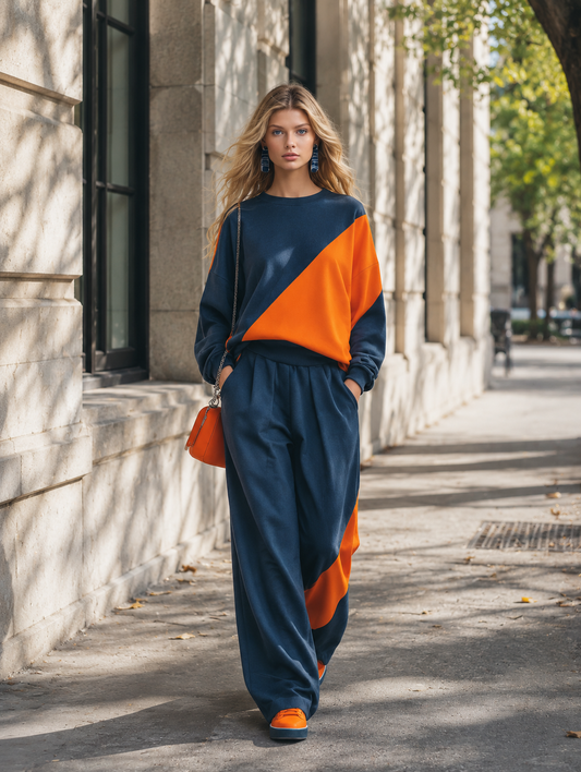 Casual Sportswear Blue And Orange Color-Block Sweatshirt And Joggers Set