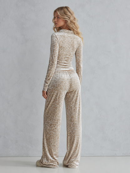 Leopard Print V-Neck Velvet Top and Flare Pants Two-Piece Set