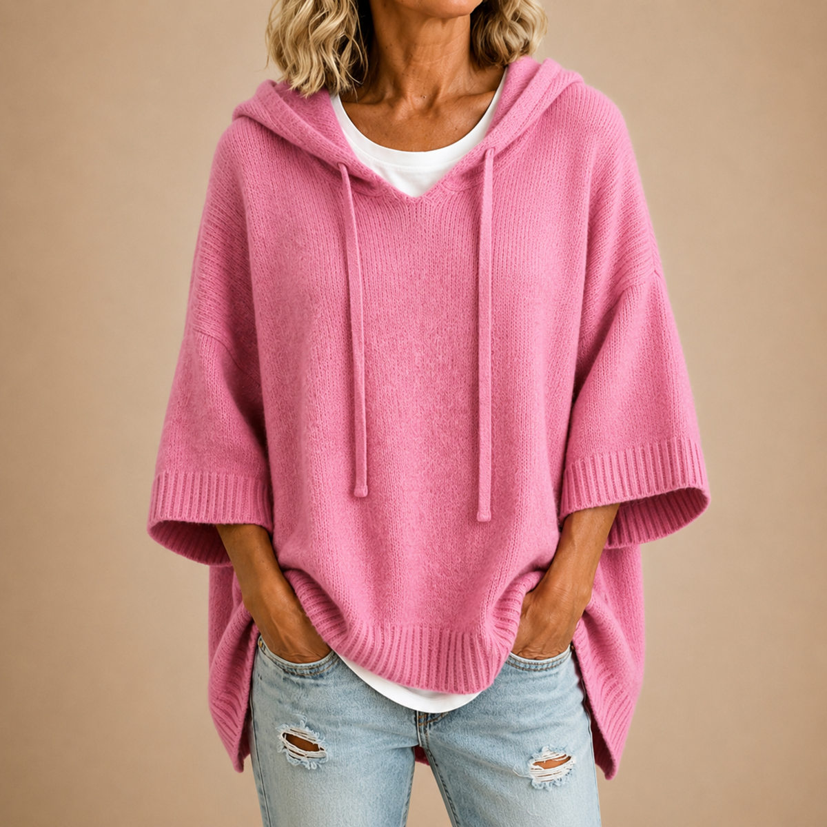 Evelyn | Knitted Poncho with Hood in Pink