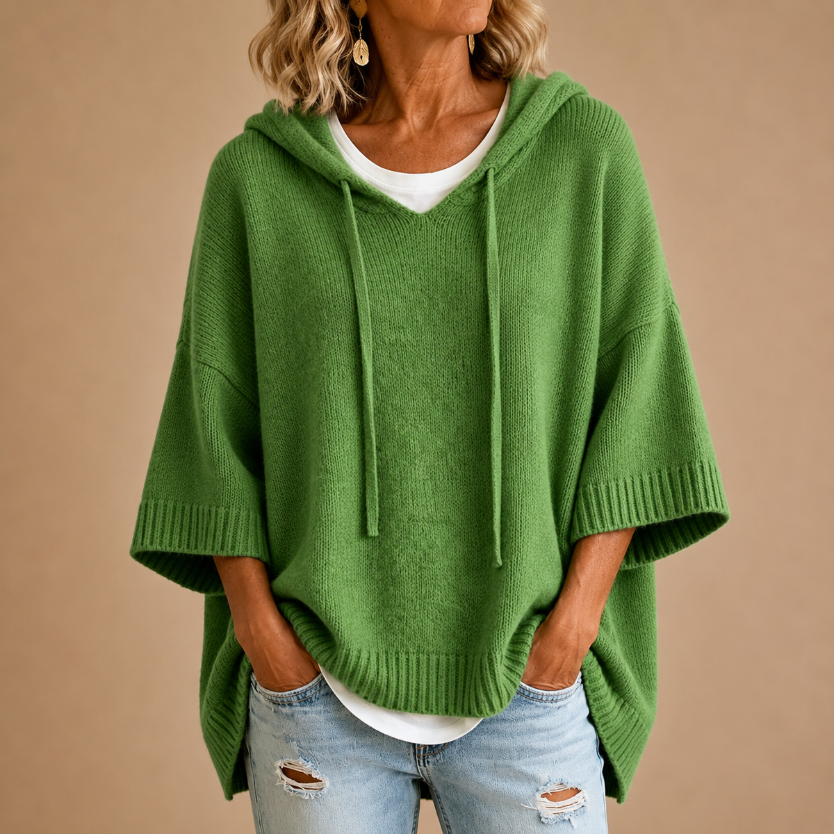 Amelia | Knit Poncho with Hood in Green