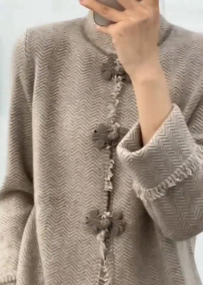 Chinese Light Camel Grey Stand Collar Button Knit Coats Long Sleeve