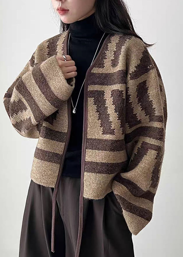 Coffee Cotton Knit Cardigan V Neck Long Sleeve