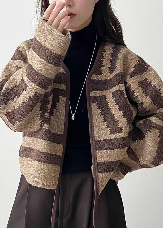 Coffee Cotton Knit Cardigan V Neck Long Sleeve