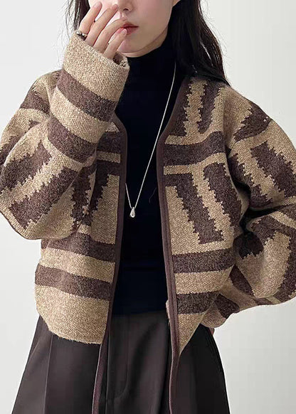 Coffee Cotton Knit Cardigan V Neck Long Sleeve