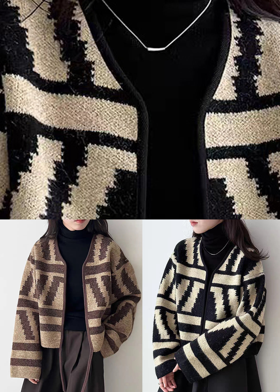 Coffee Cotton Knit Cardigan V Neck Long Sleeve