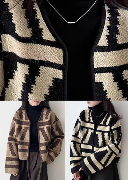 Coffee Cotton Knit Cardigan V Neck Long Sleeve