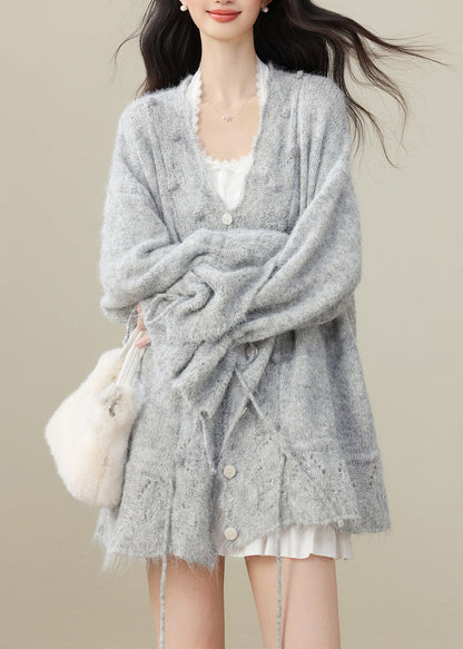 Elegant Grey Fuzzy Ball Decorated Drawstring Knit Cardigan Winter